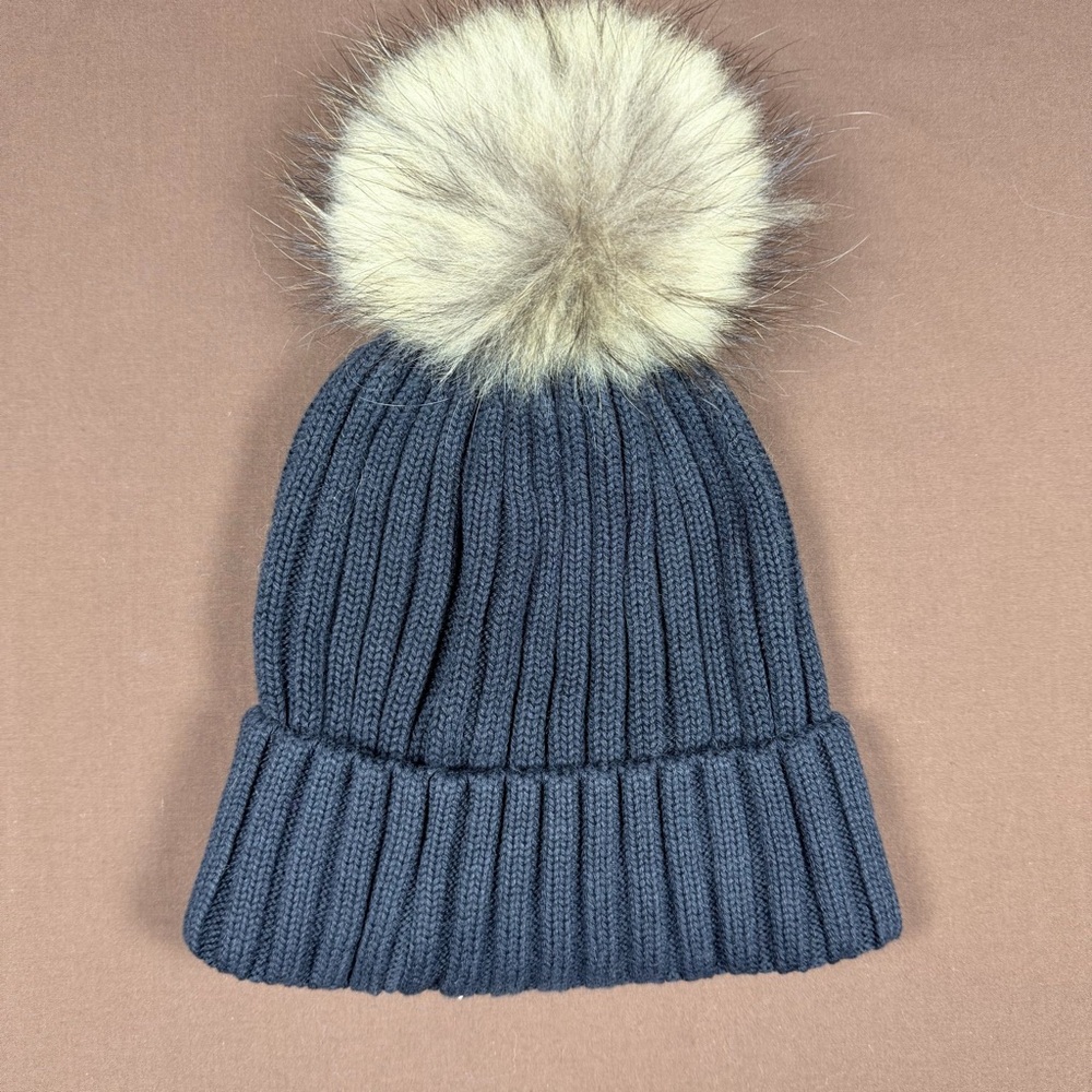 Moncler Women’s Navy Blue Knit Beanie w/ Pom Pom – New - Picture 4 of 4